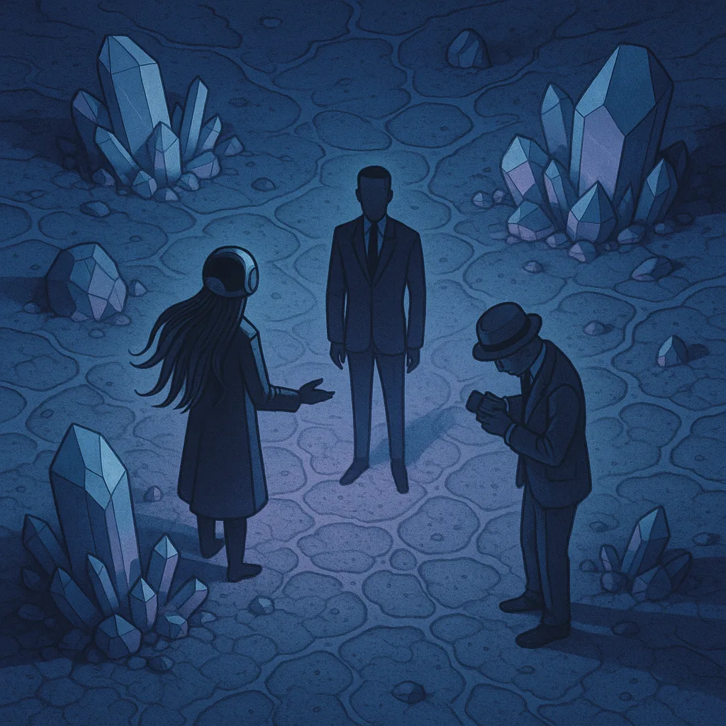 Three Diminutive Figures Are Centrally Composed on an Otherworldly Planet