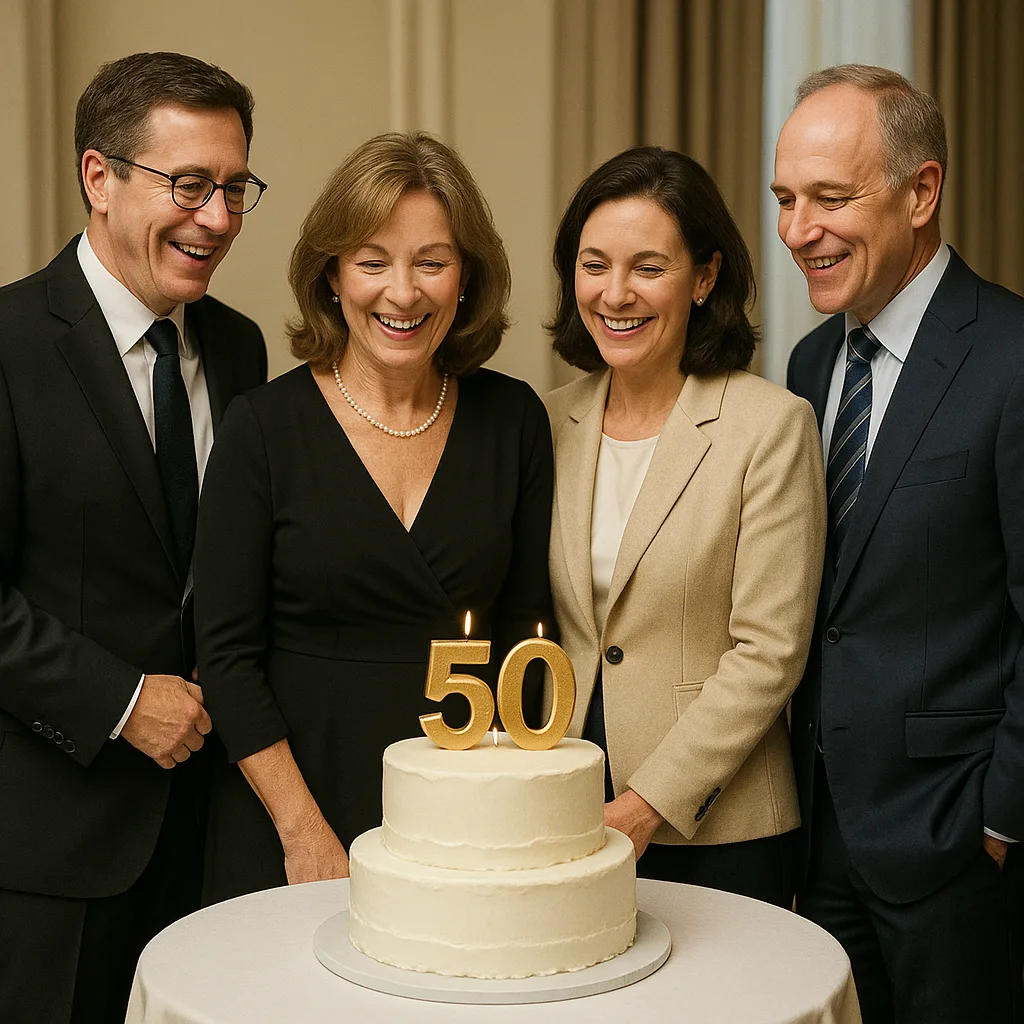 Group of Formally Dressed People Standing Around a Table