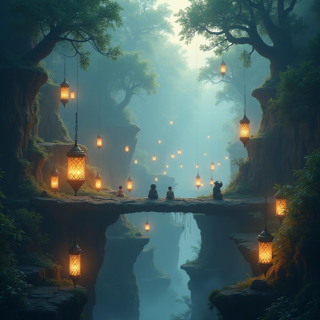 Ethereal Jungle of Floating Lanterns at Golden Hour