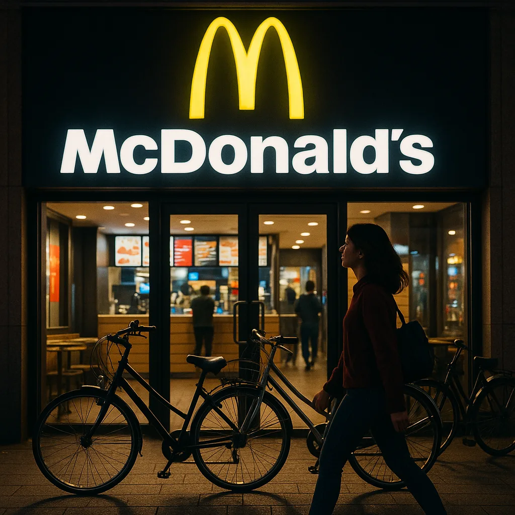 Woman Walks Past a McDonald's Storefront with Bright Signs