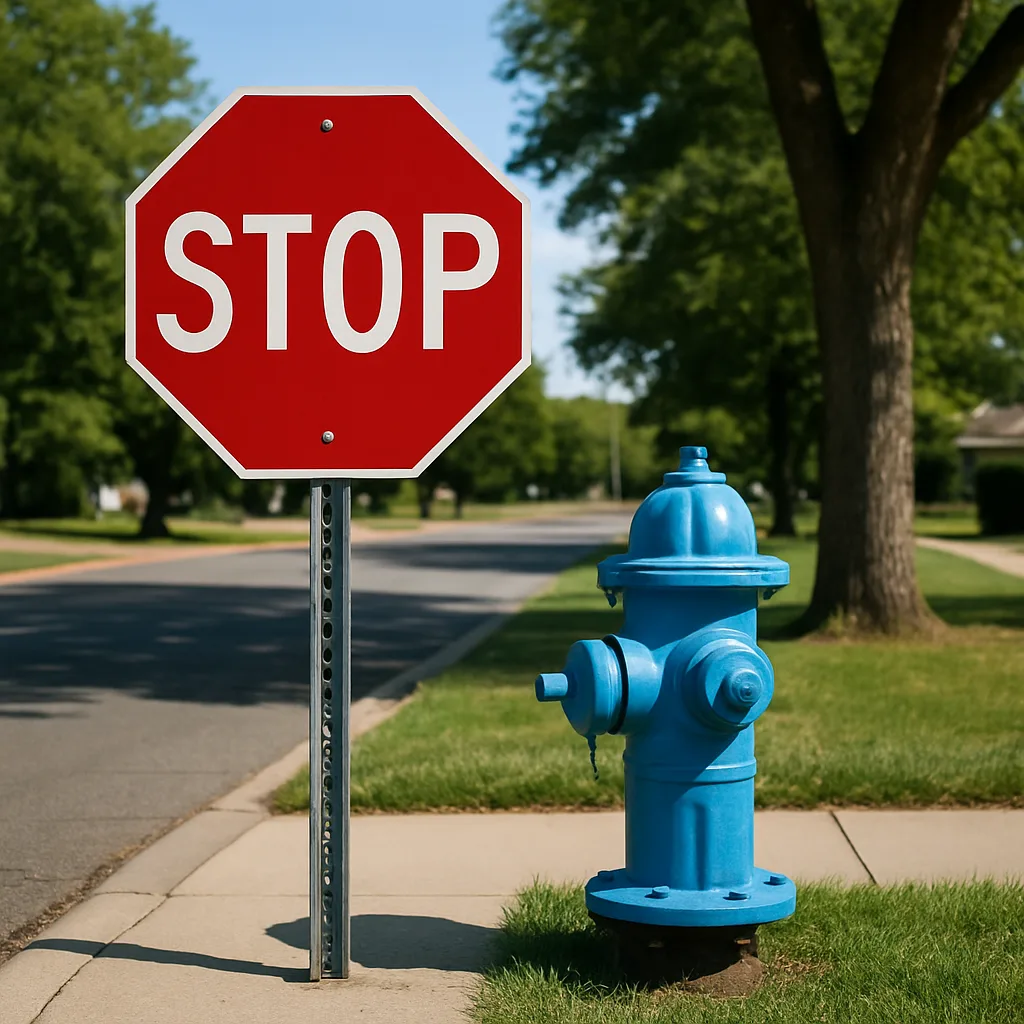 Image Showing a Stop Sign with a Blue Fire Hydrant