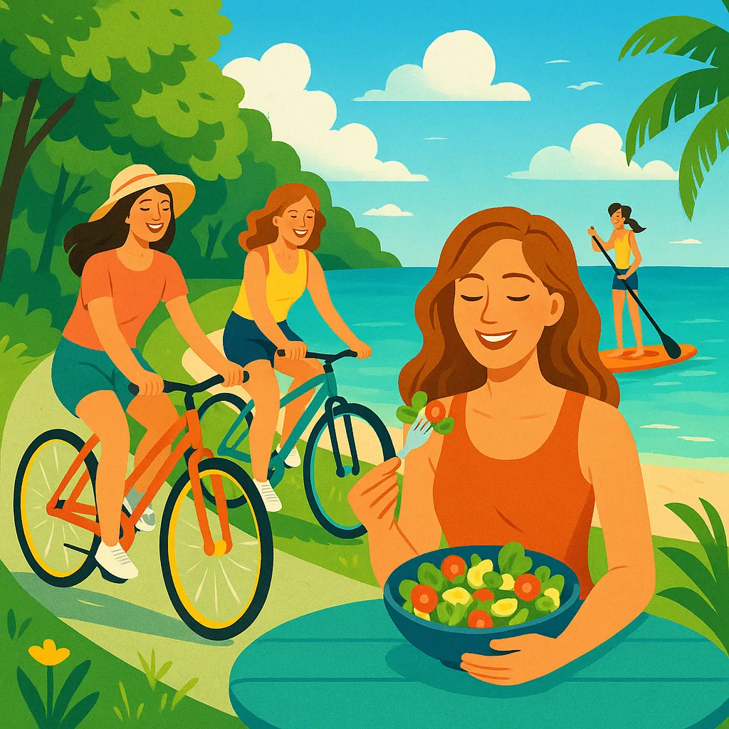 Group of Women Is Riding Bicycles Along a Lush