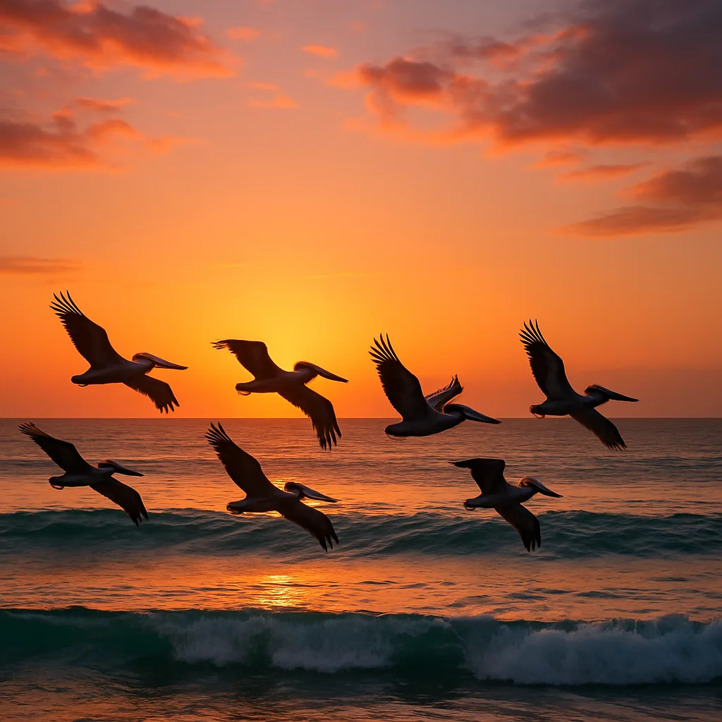 Pelicans Soaring Gracefully over the Ocean’s Surface