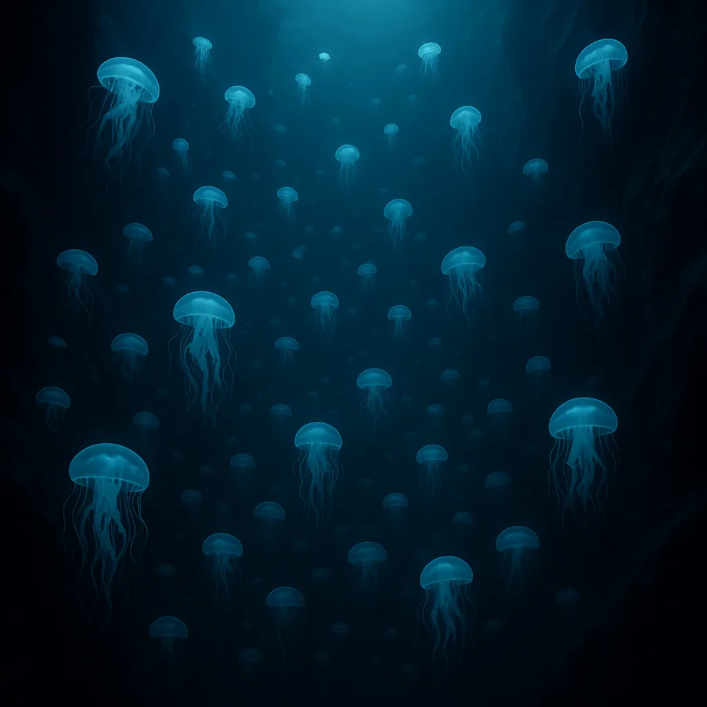 Vast Swarm of Bioluminescent Jellyfish Drifts Serenely