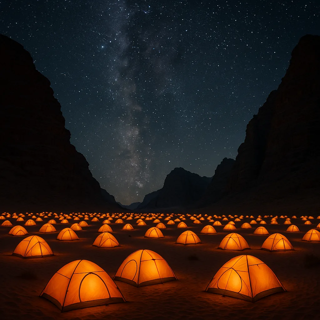 Countless Illuminated Tents of a Sprawling Desert Encampment Glow Warmly
