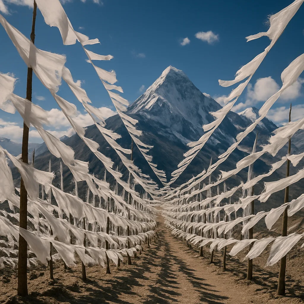 Innumerable White Prayer Flags Flutter on a High