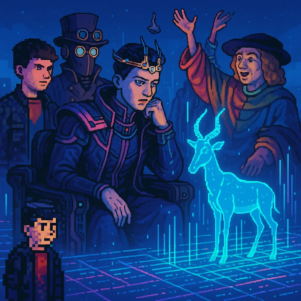 Pensive Cyberpunk Ruler and their Diverse Retinue—a Pixel-art Teen