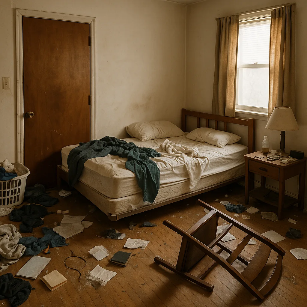 Messy Bedroom Featuring a Wooden Door