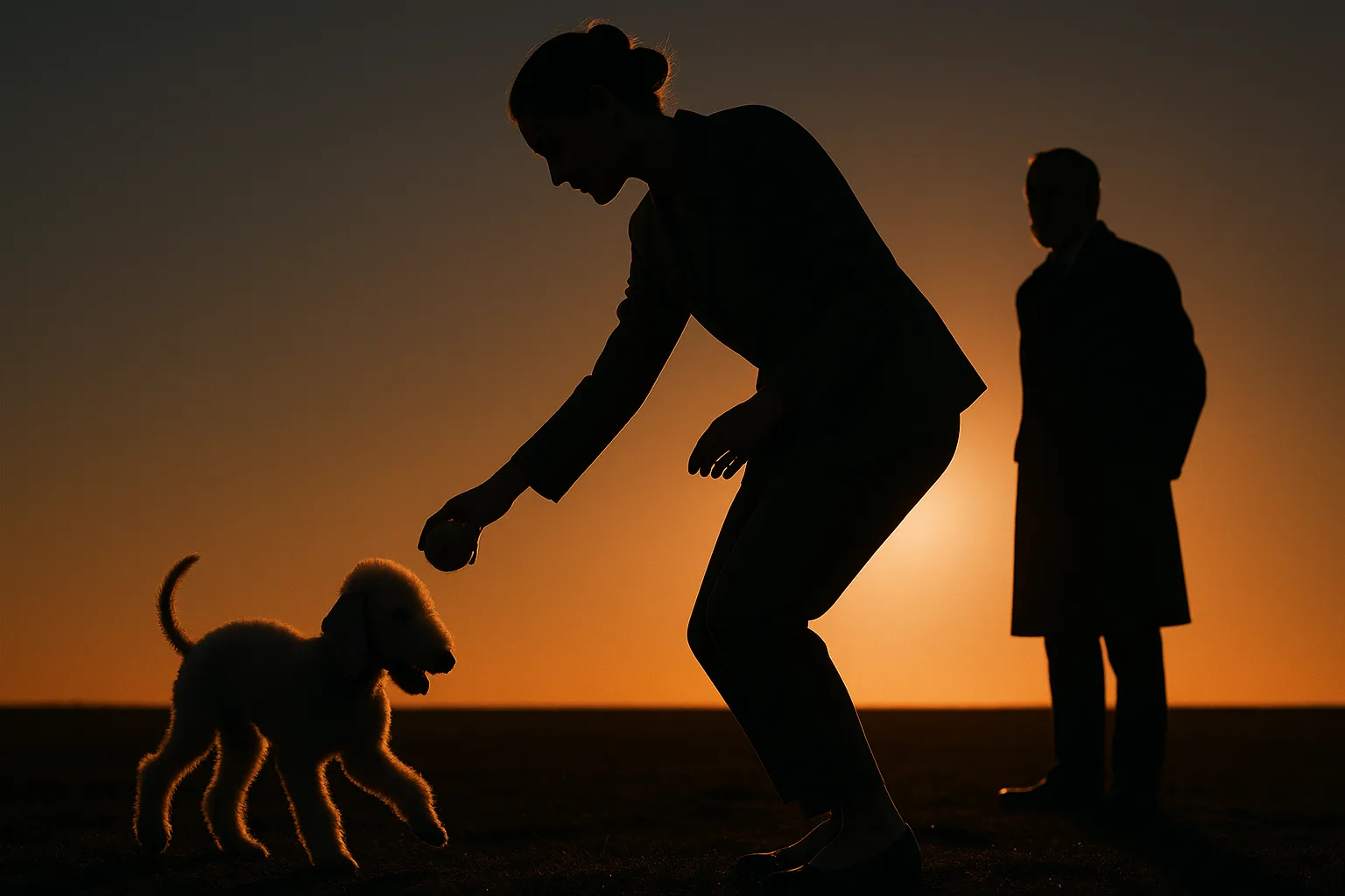 Poised Figure Plays with a Lamb-like Bedlington Terrier