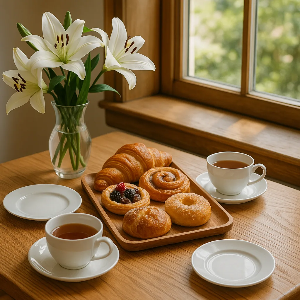 Wooden Table Set with White Tea Cups