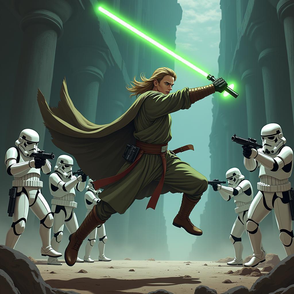 Anime Jedi Leaps Through Stormtrooper Crossfire