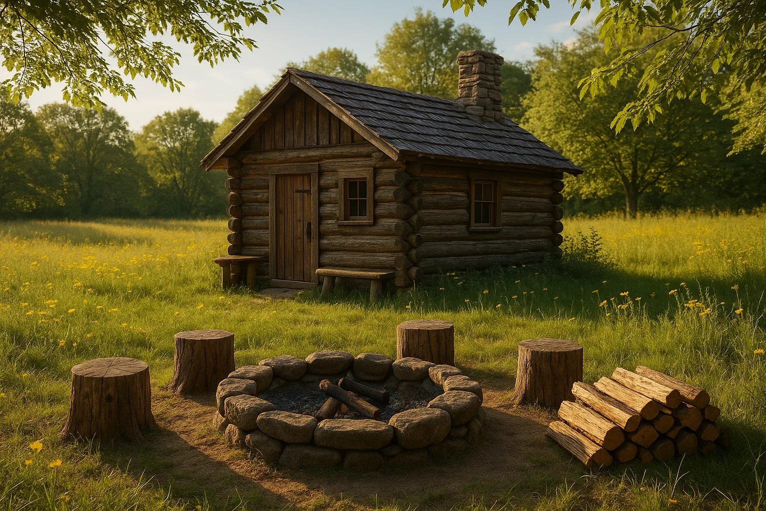 Rustic Wooden Cabin Nestled in a Sunlit Meadow