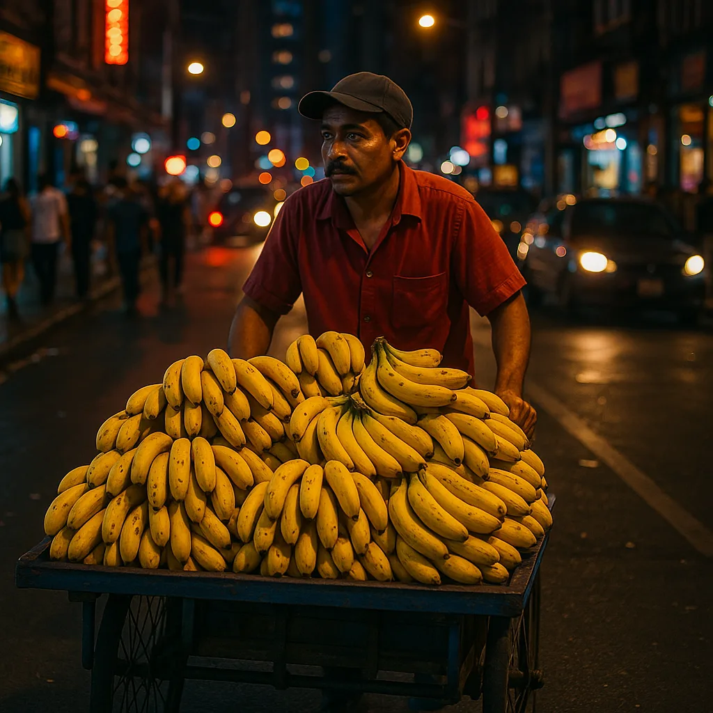 Street Vendor Pushes a Cart Filled with Ripe Bananas