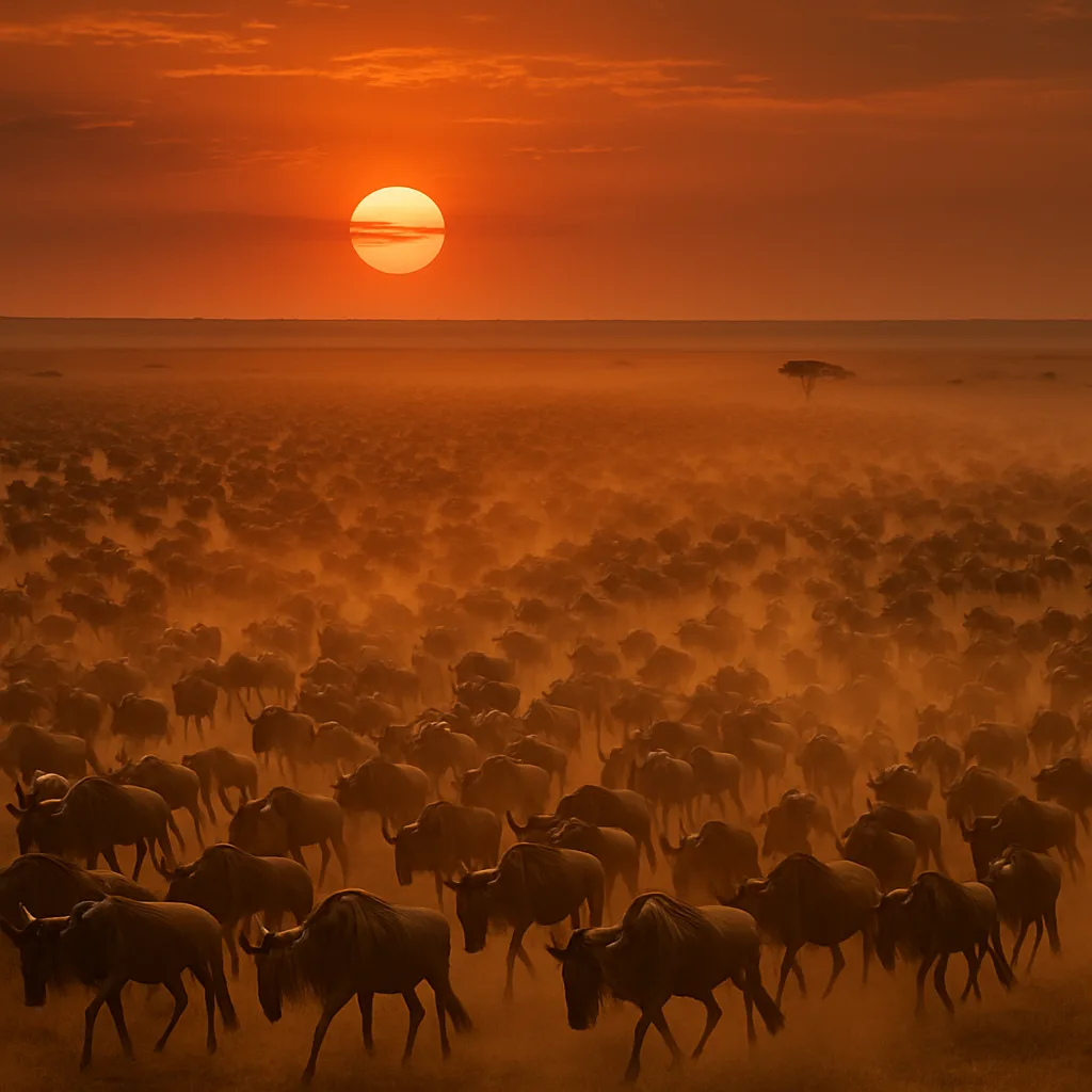 Massive Herd of Thousands of Wildebeest Stretches