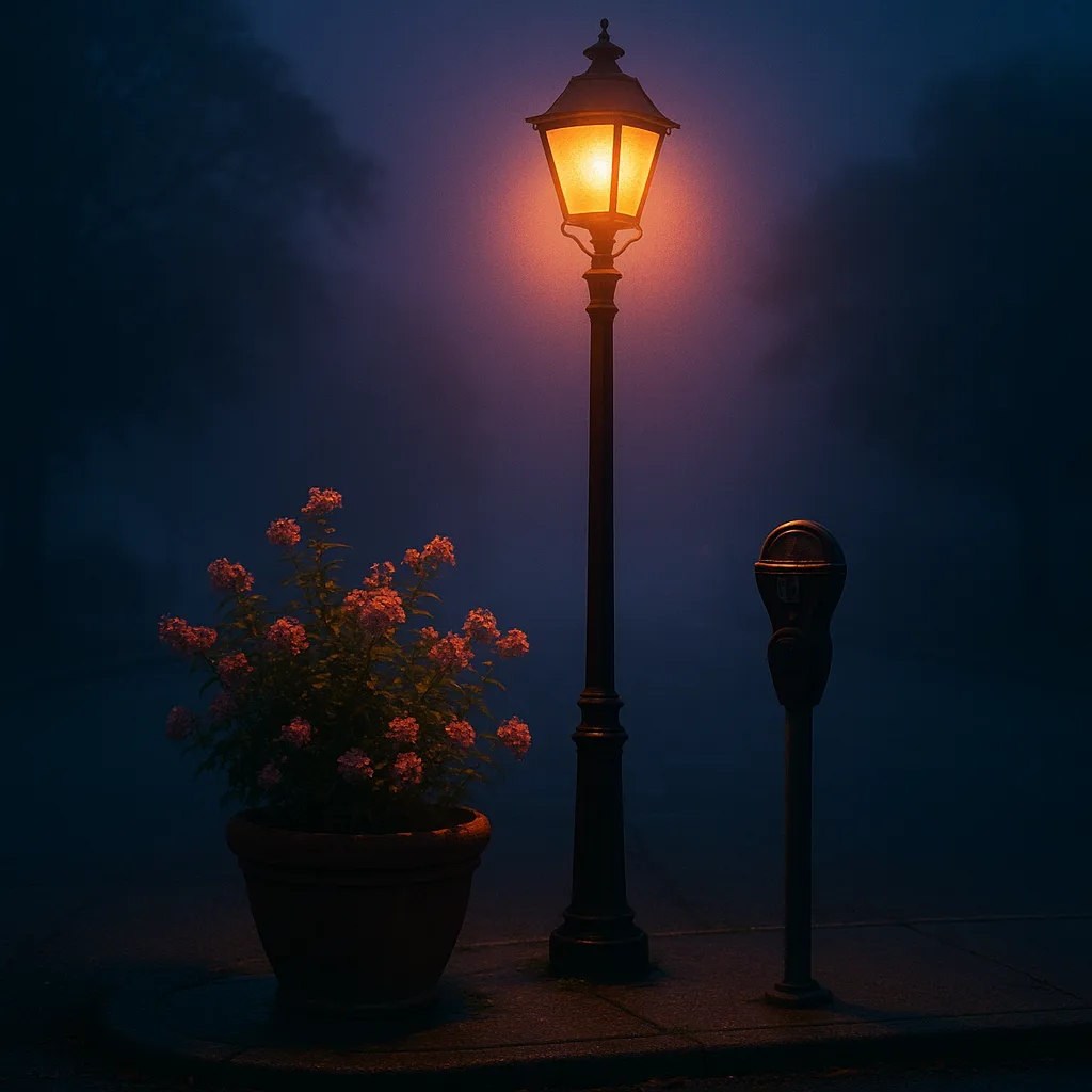 Lively Streetlight Illuminates a Blooming Potted Plant