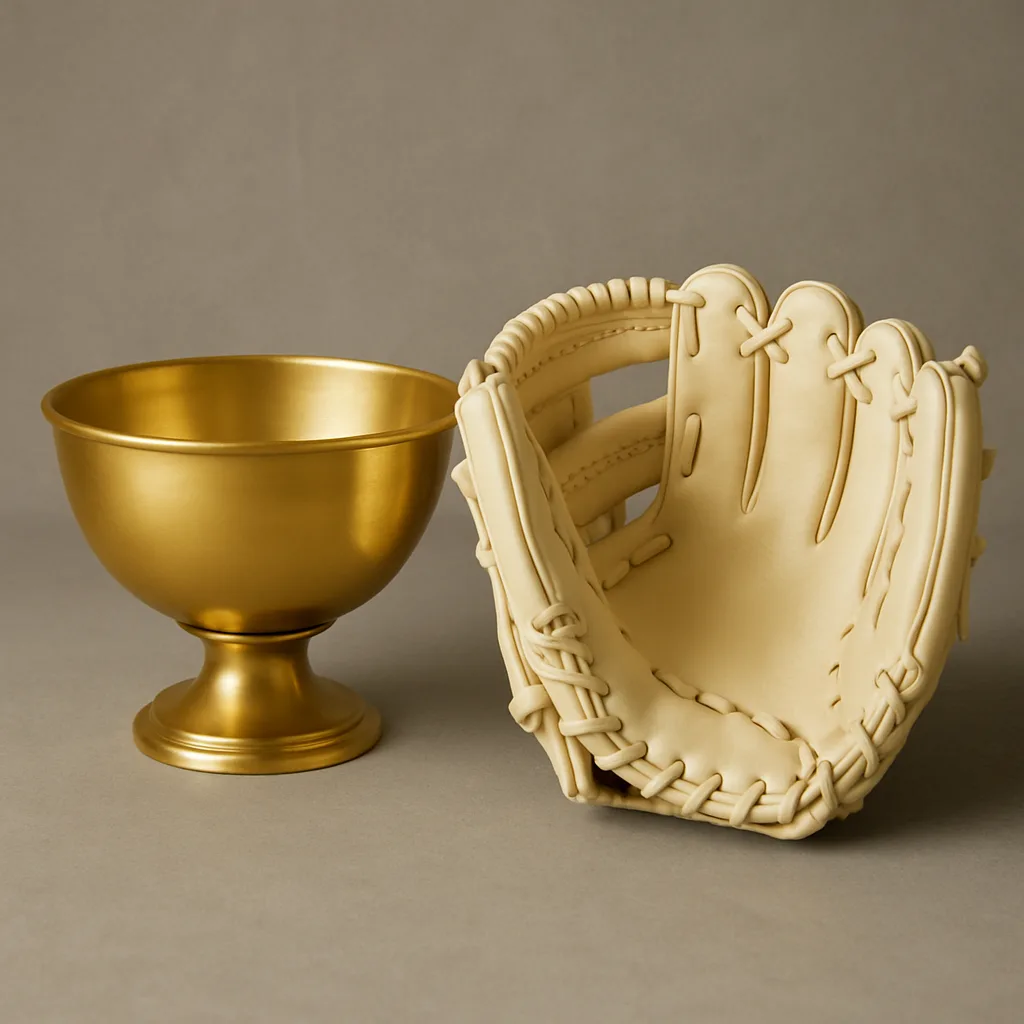 Cream-colored Baseball Glove Along with a Bowl Made of Gold