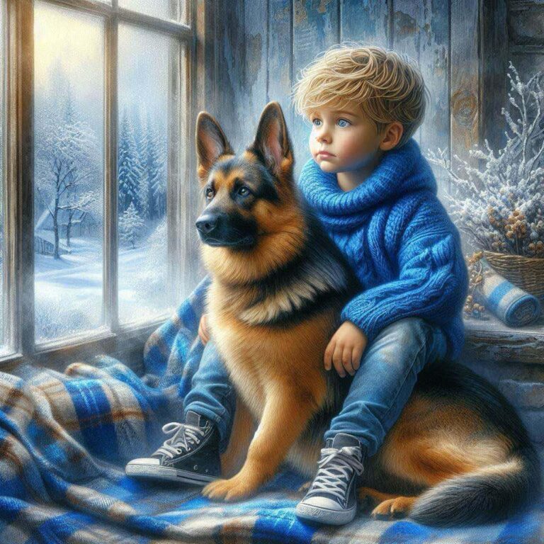 Boy and German Shepherd on Foggy Morning
