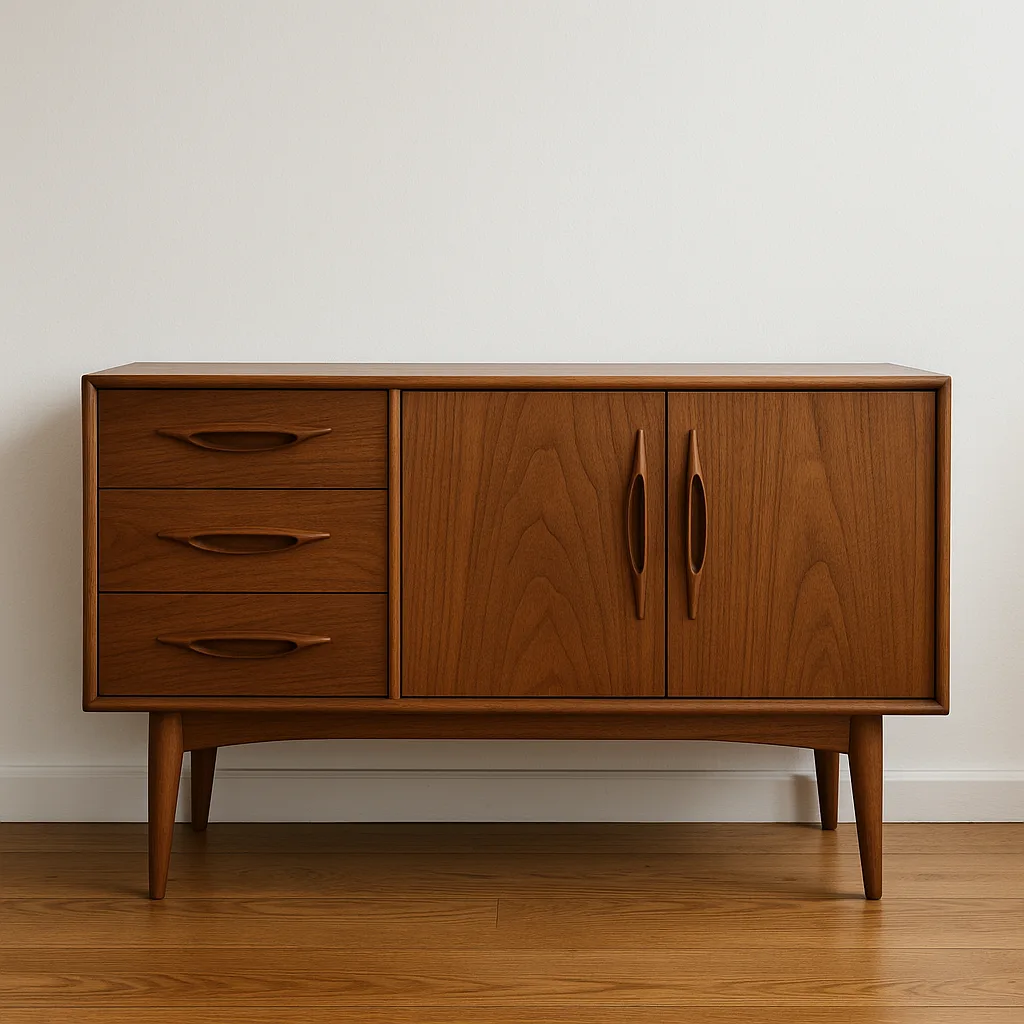 Mid-century Modern Wooden Sideboard with Distinct Carved Handles