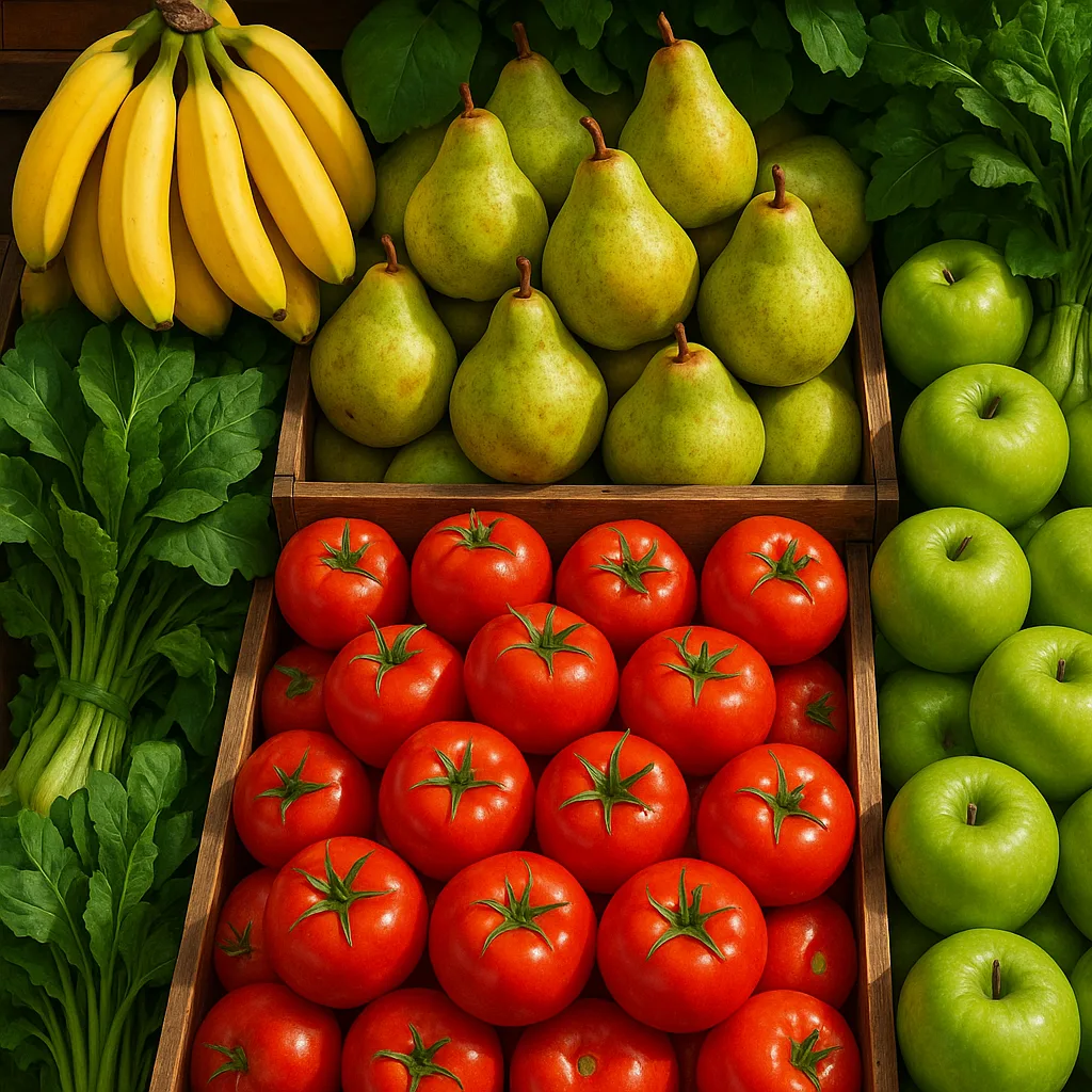 Colorful Fruit and Vegetable Market Display Featuring Bananas