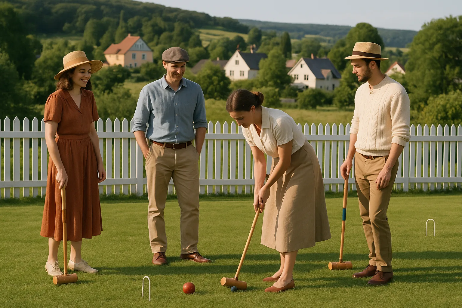 Group of People Playing Croquet on a Grassy Lawn
