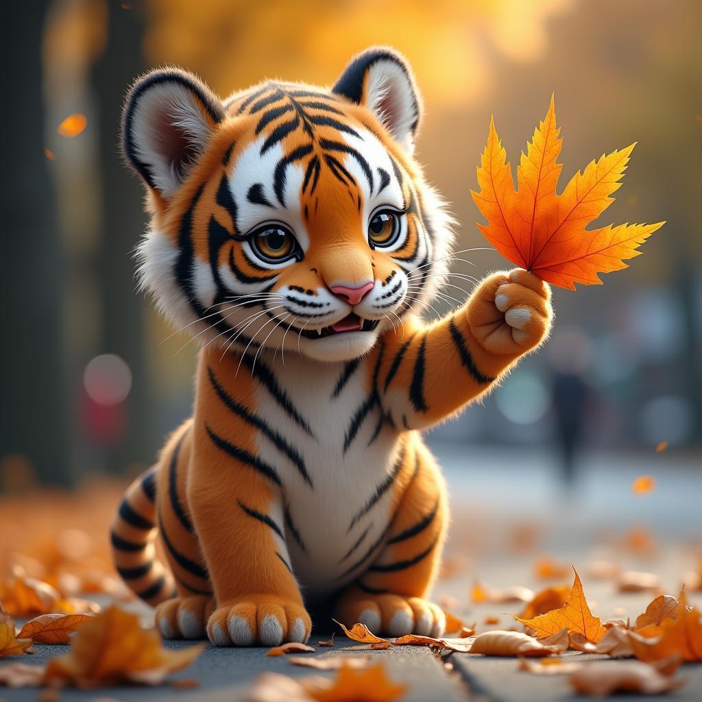 Tiger Waving a Leaf Fan in Autumn Streets