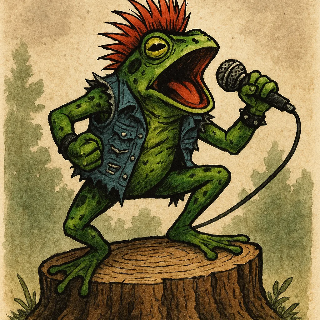 Rebellious Frog Dressed in a Torn Jean Vest Passionately
