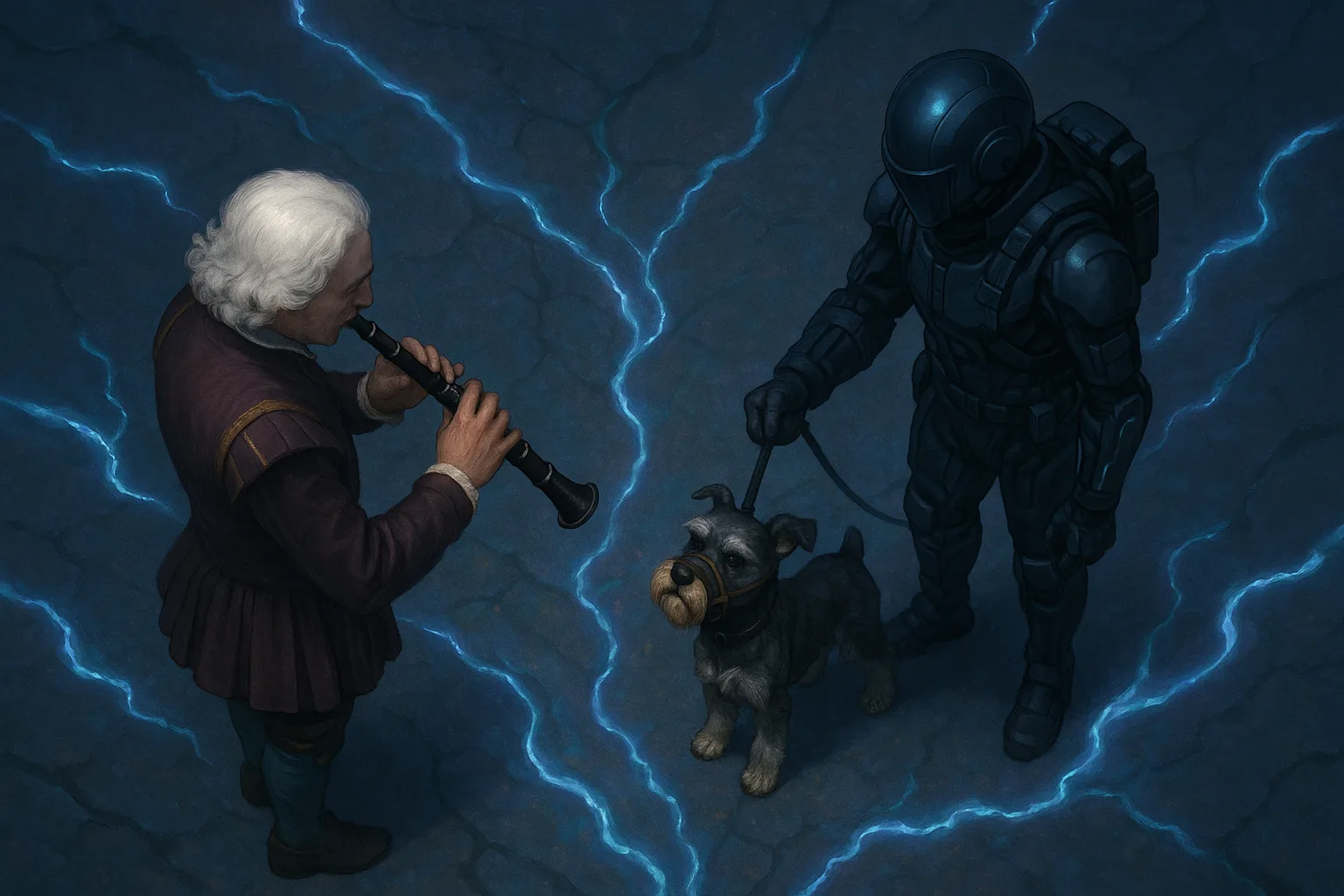 White-haired Figure in Renaissance Attire Plays a Dark Oboe