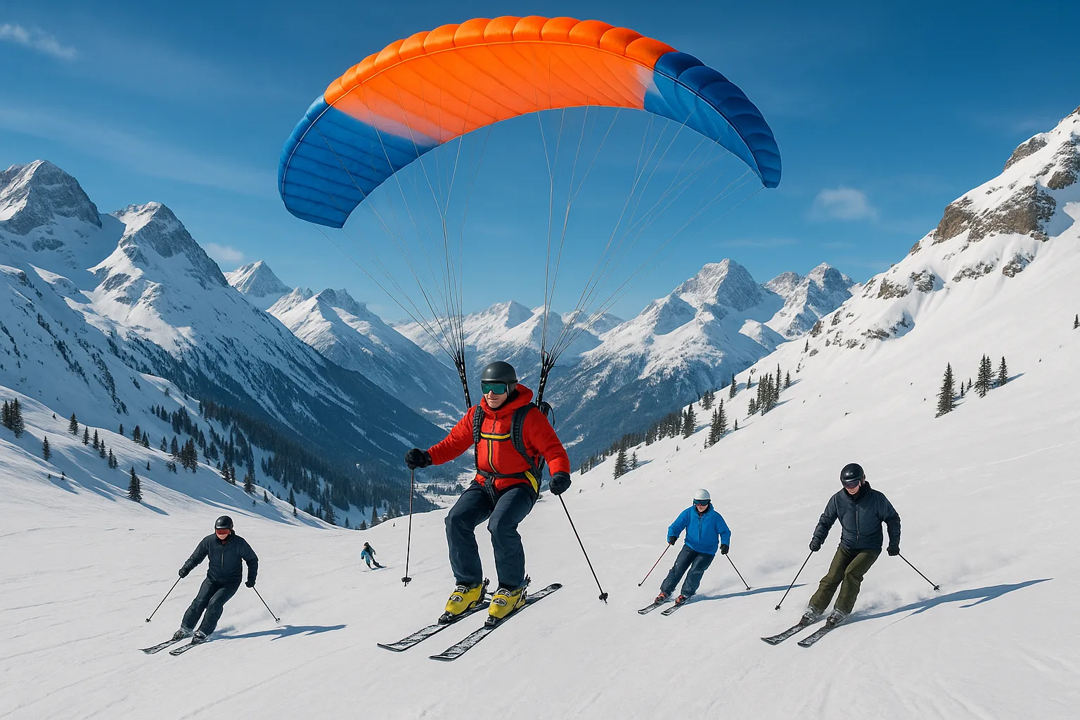 Amid Snowy Mountains Filled with Skiers
