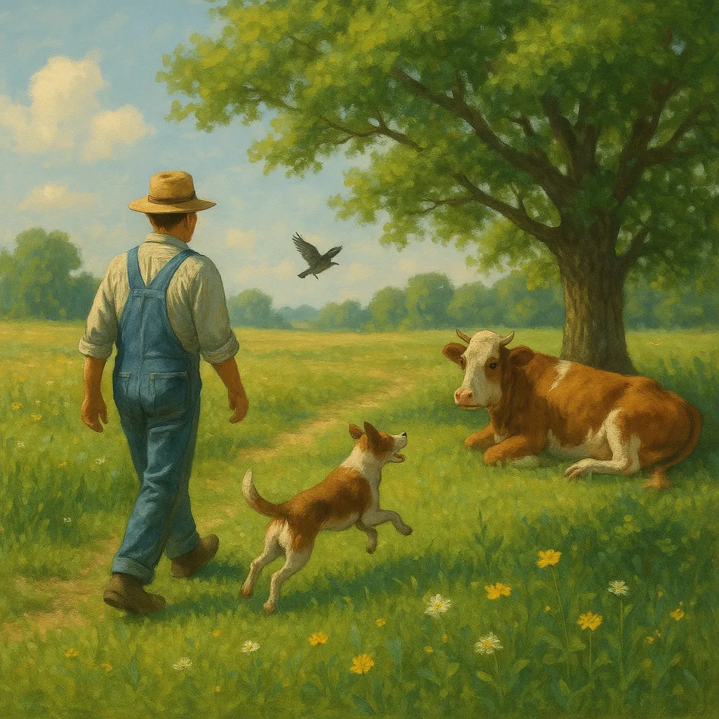 Farmer Wanders Across the Meadow