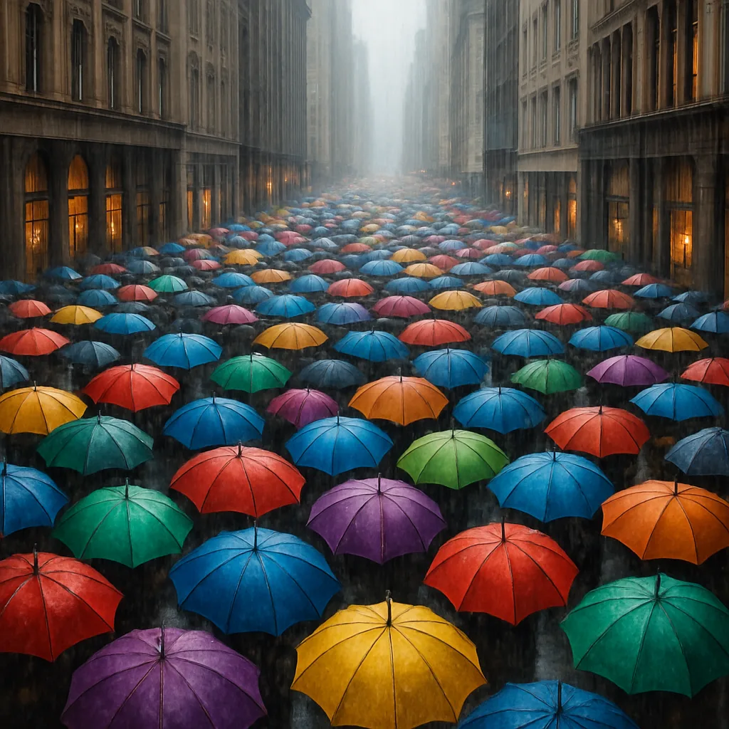 Vast Multitude of Colorful Umbrellas Forms a Dense