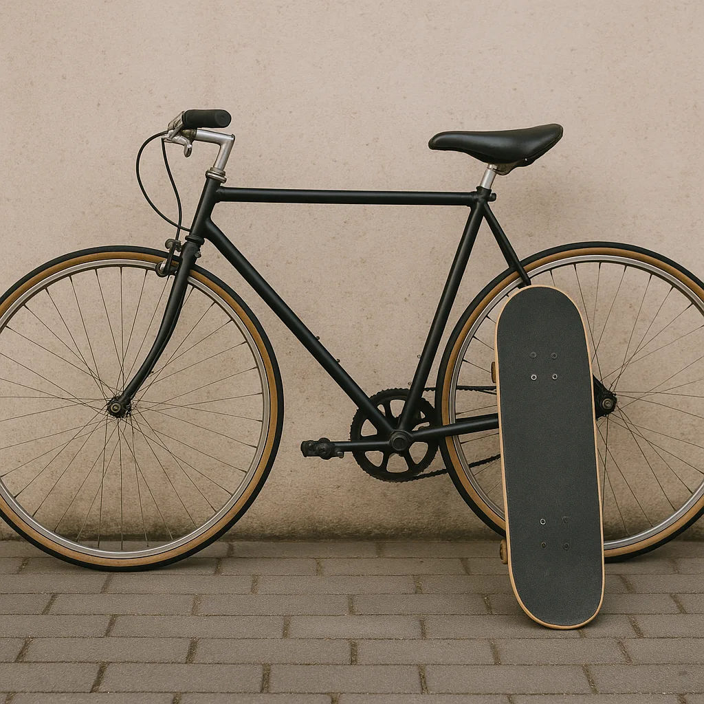 Picture Featuring a Bicycle with a Skateboard