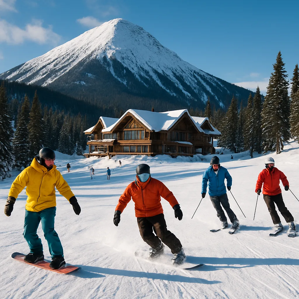 People Snowboarding and Skiing on a Snowy Slope
