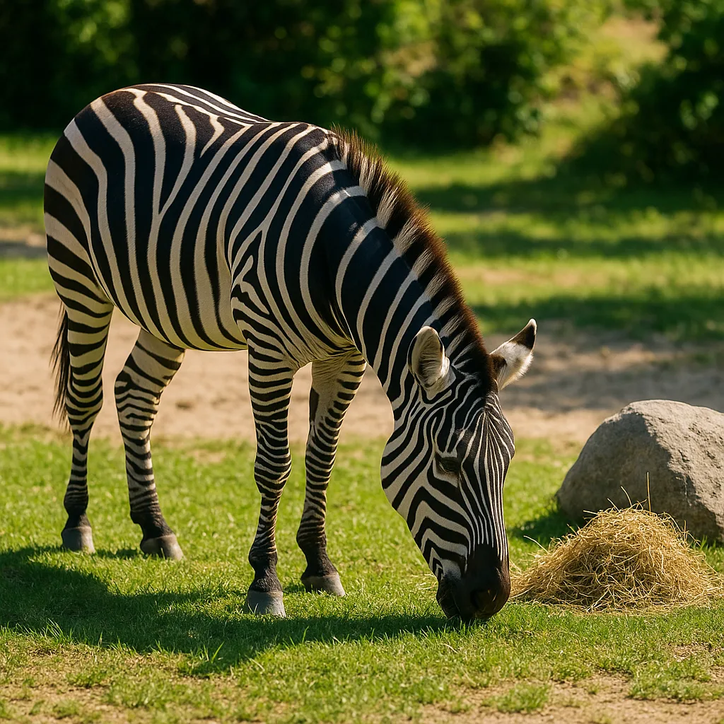 Zebra Grazing on Grass near a Small Pile of Hay