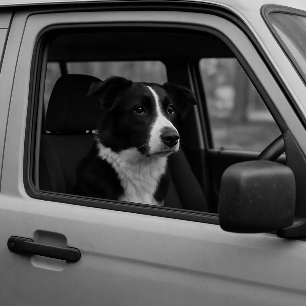 Black and White Dog Sits in the Driver's Seat
