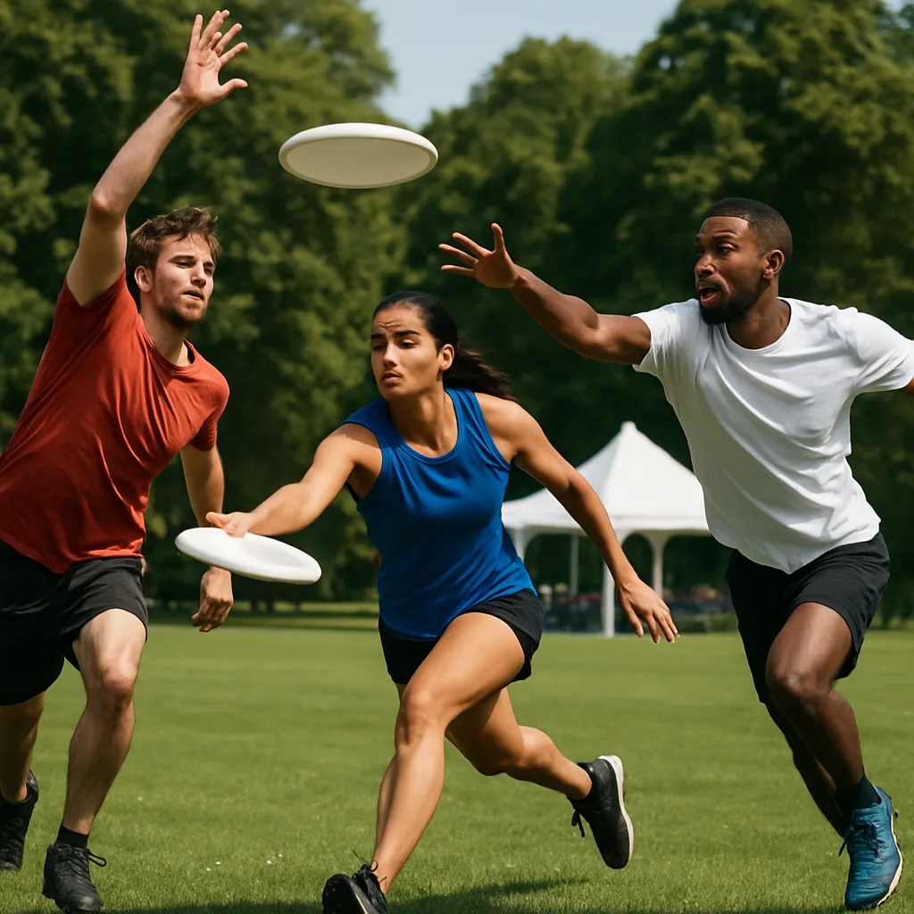 Three People Playing Ultimate Frisbee in a Grassy Park