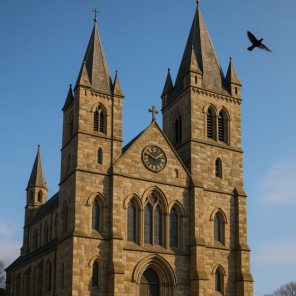 Historic Stone Church with Pointed Towers