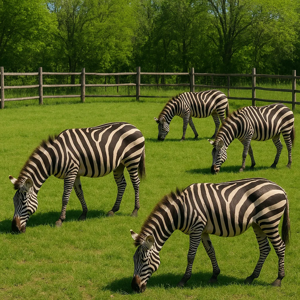 Group of Zebras Is Feeding on Grass