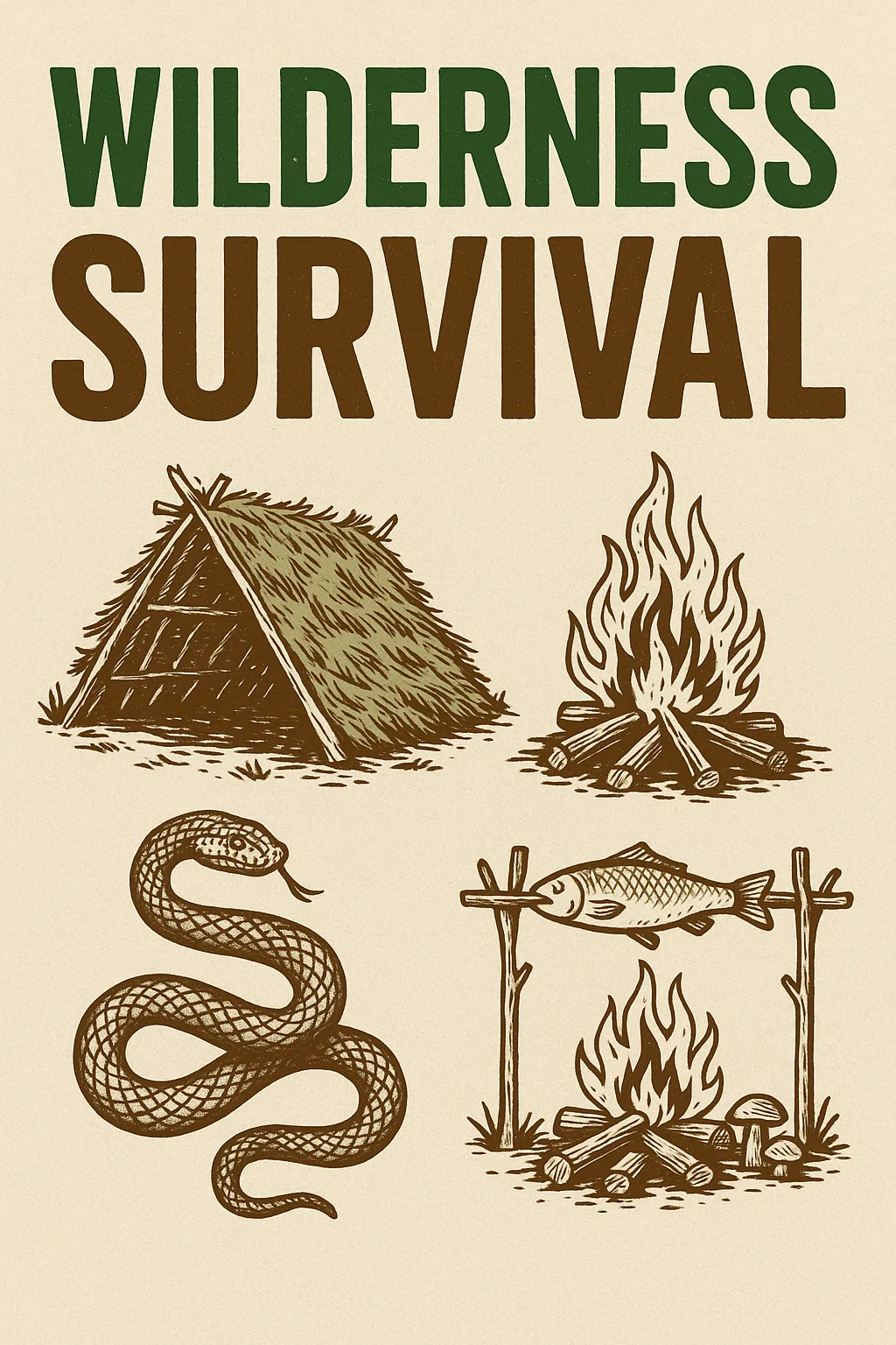 Wilderness Survival Book Cover Featuring Illustrations of a Shelter