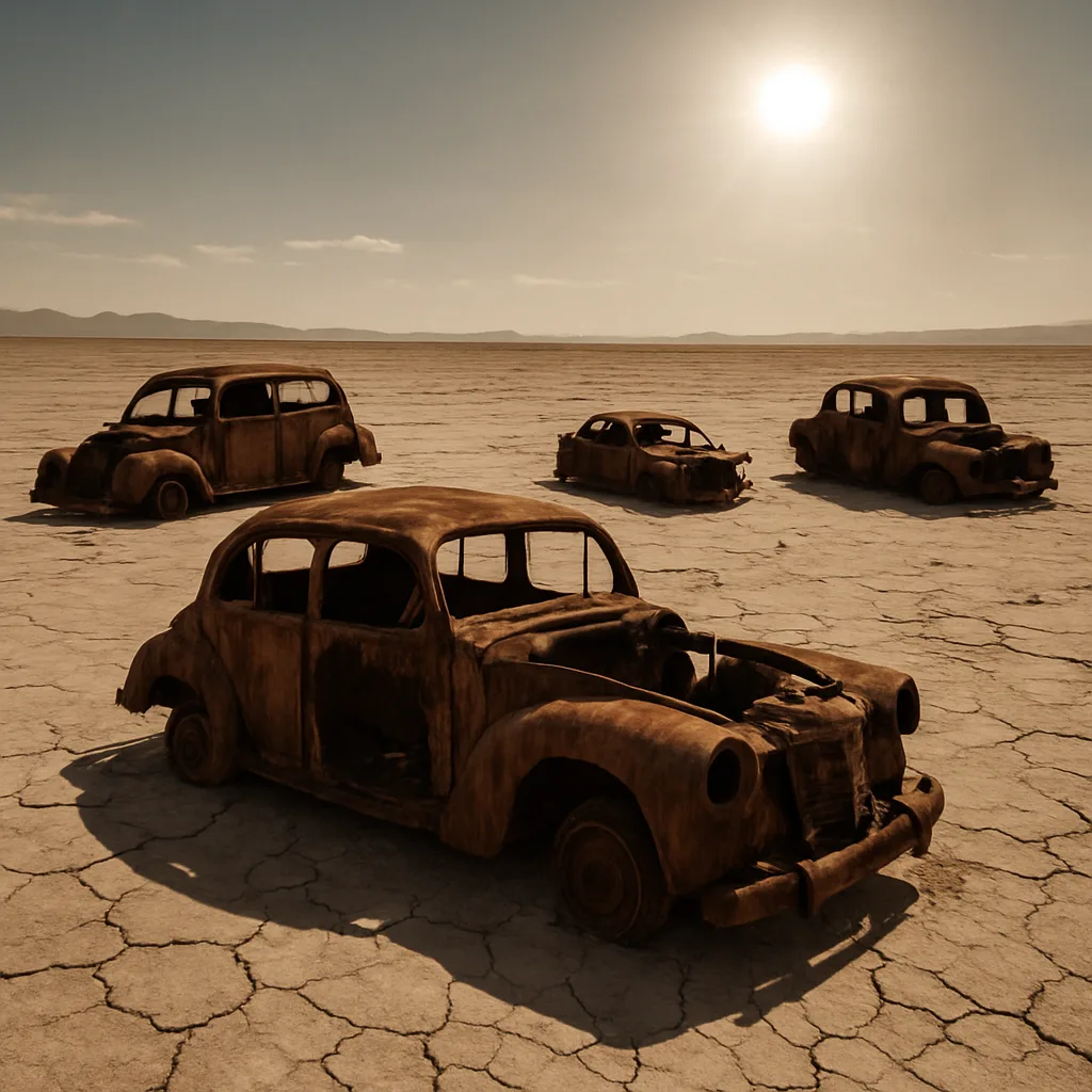 Few Skeletal Remains of Rusted Vehicles Lie