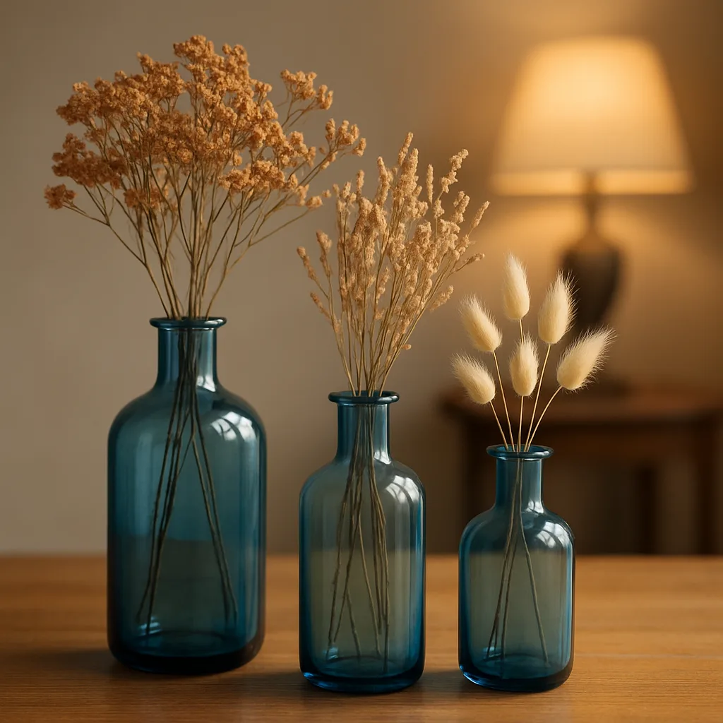 Three Blue Glass Vases Holding Dried Flowers on a Wooden