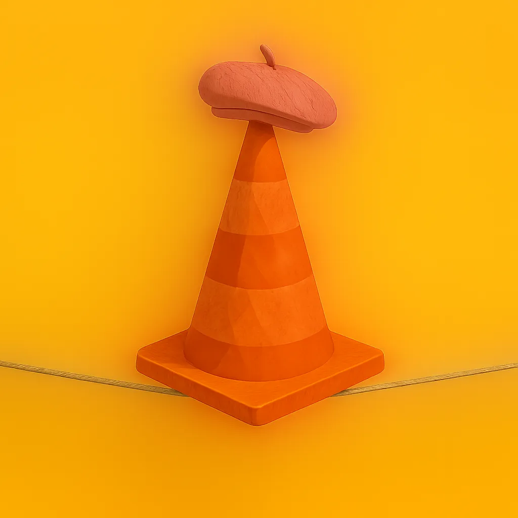 Lively Orange Pylon Precariously Balances on an Unseen