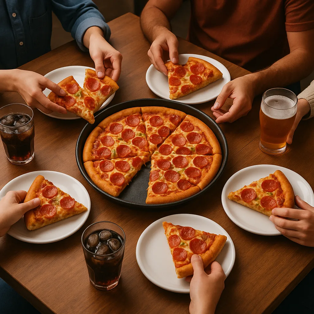 Table with People Enjoying a Large Pan Pizza