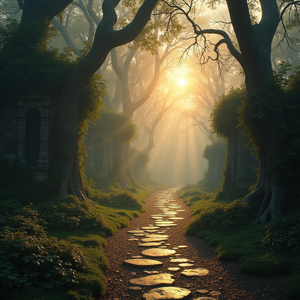 Stone Path Winding Through Misty Romantic Ruins
