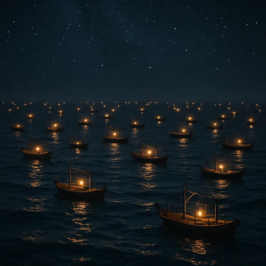 Myriad Tiny Fishing Boats with Flickering Lanterns