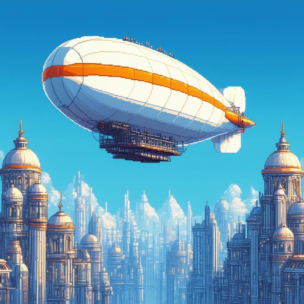 Pixel Zeppelin Gliding Over Domed Cityscape