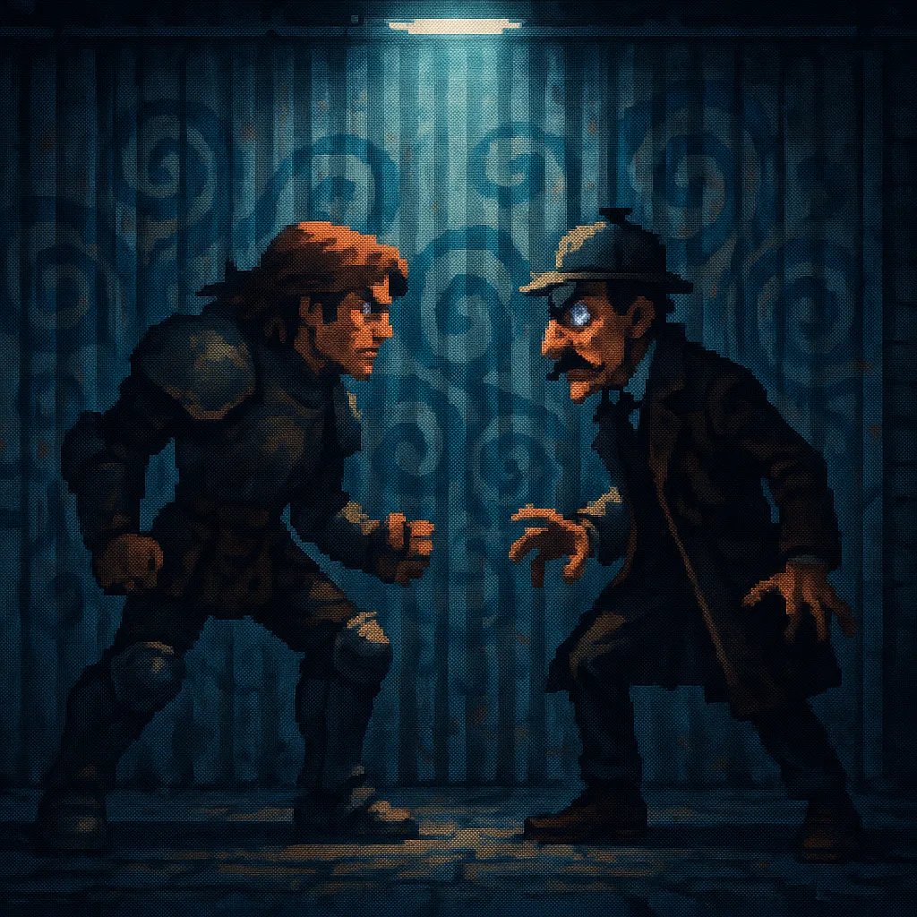 Dynamic Pixel-art Lover in Armored Greaves Locks Eyes