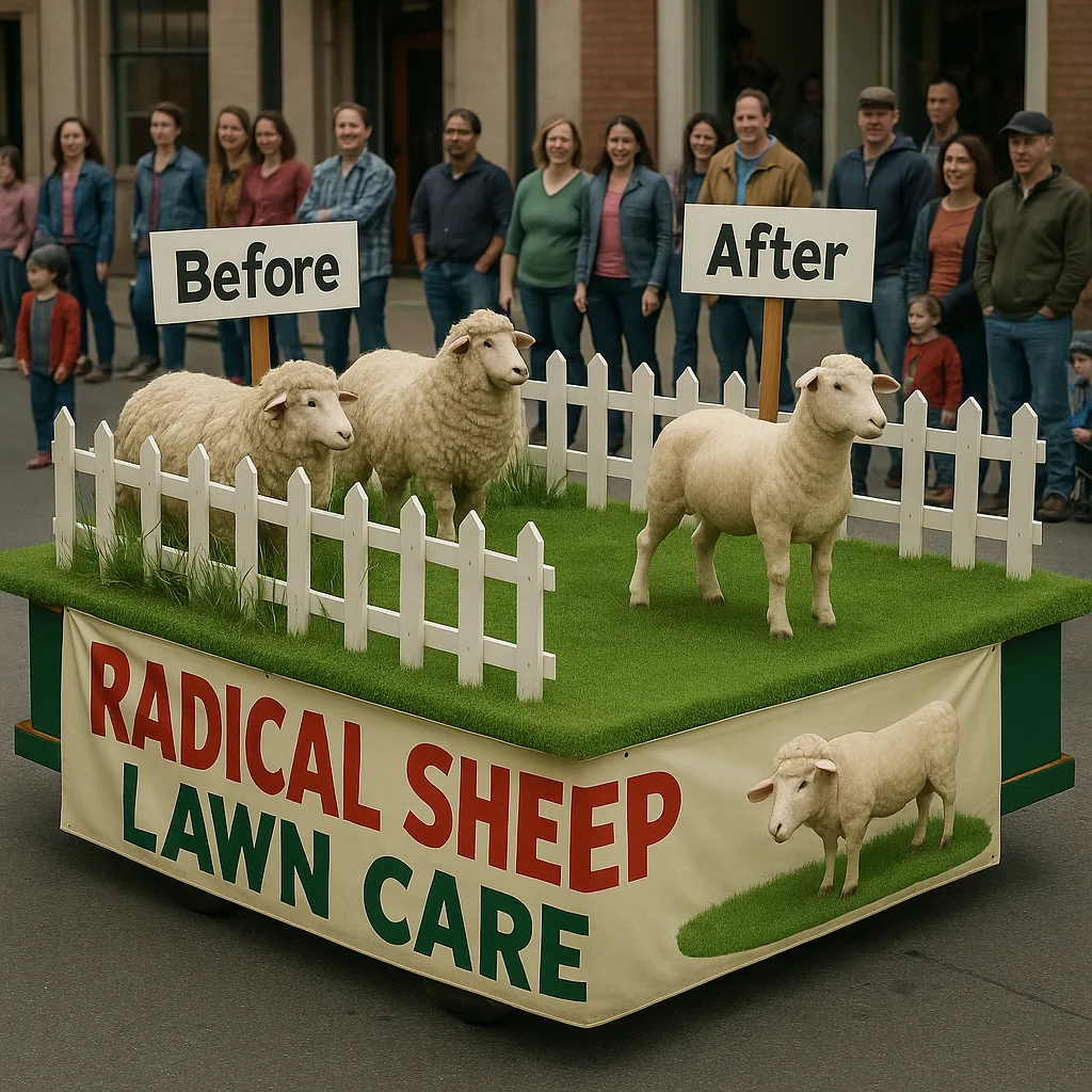 Parade Float Displays "Radical Sheep Lawn Care"