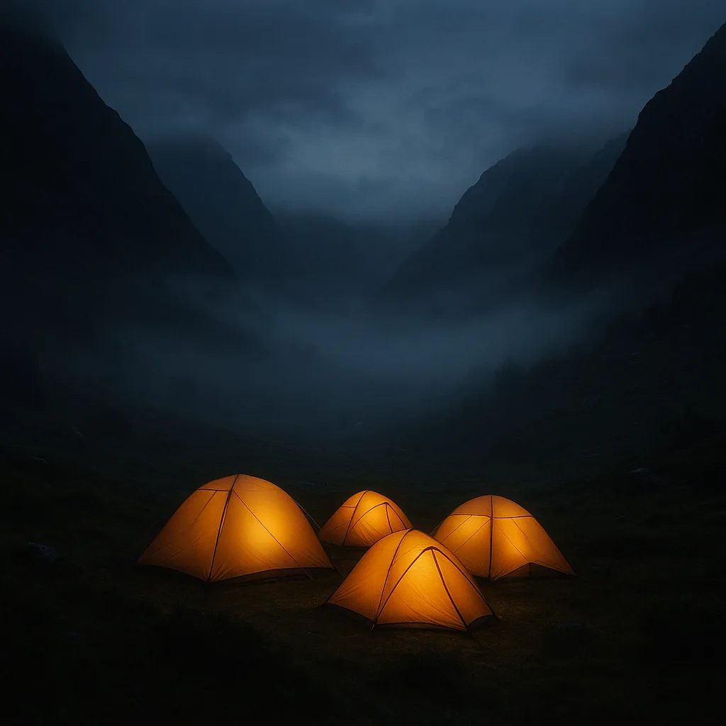 Small Cluster of Illuminated Tents Glows Warmly