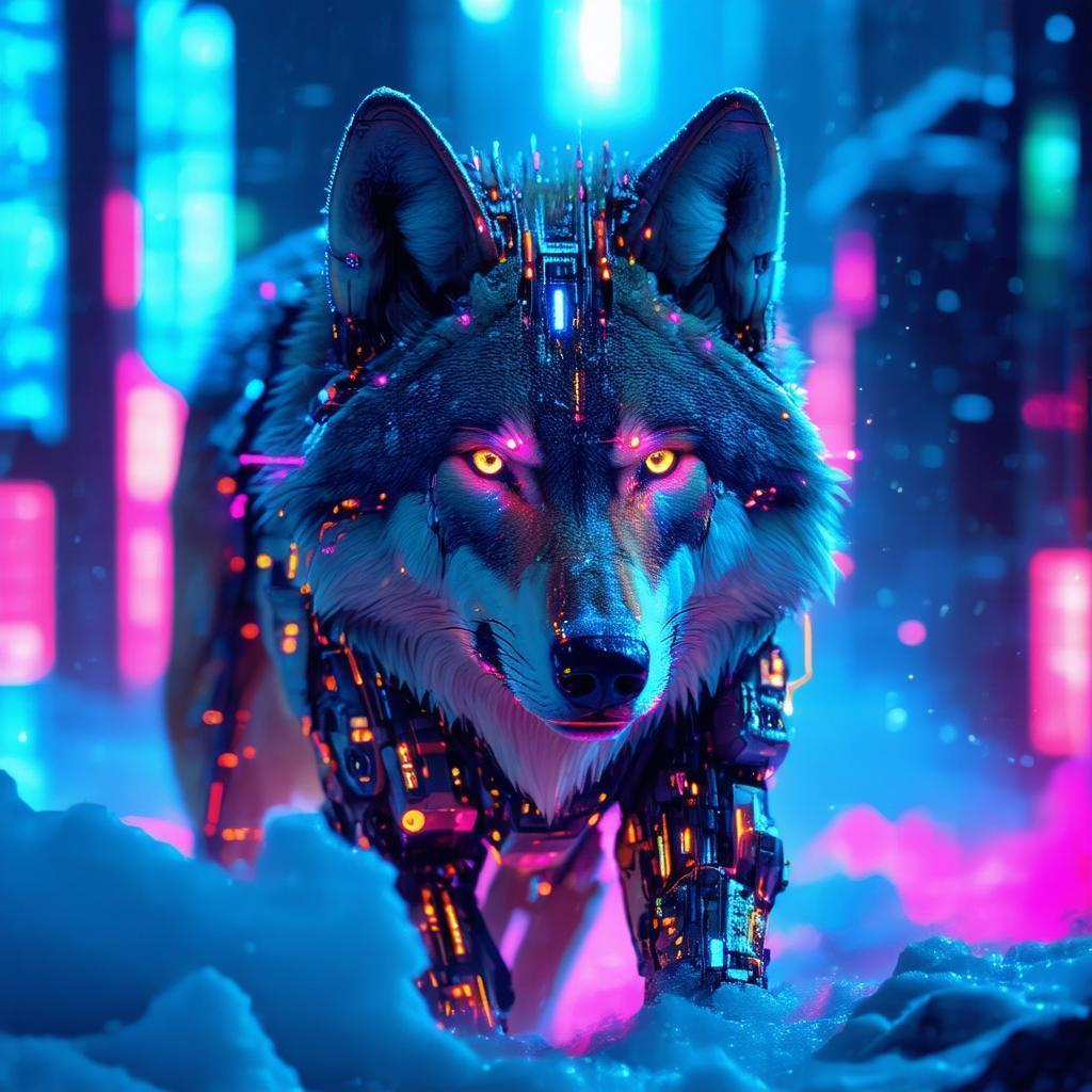 Electric Neon Wolf Prowling a Cybernetic City