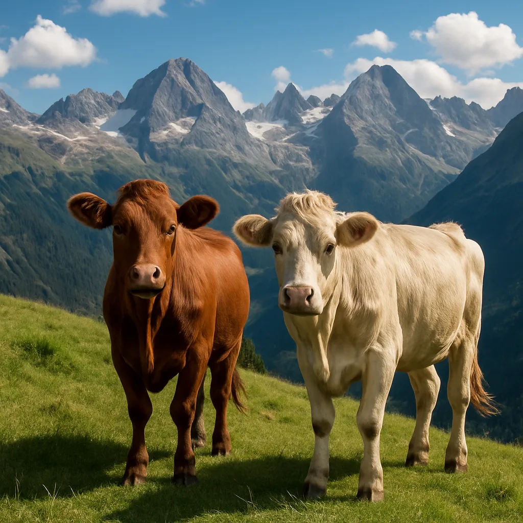Two Cows Standing on a Grassy Hill